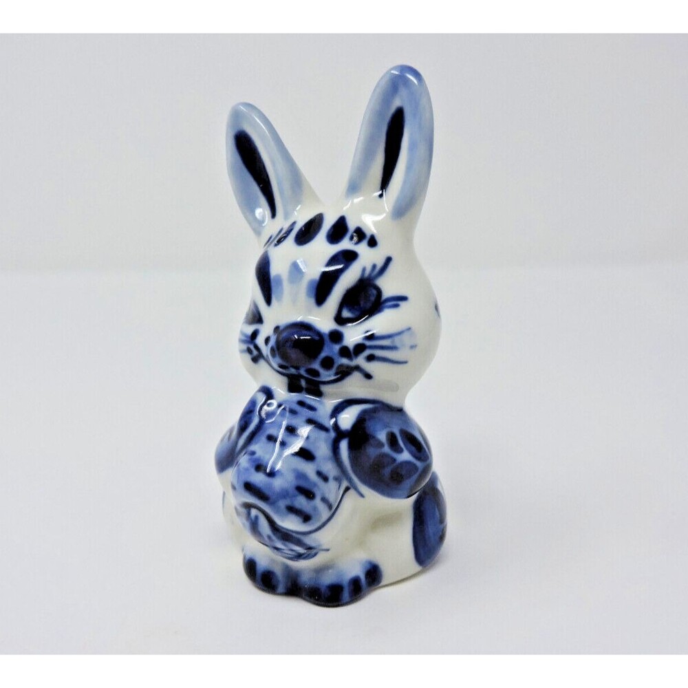 Rabbit Bunny Carrot Gzhel Porcelain Figurine Handmade Russia Cobalt White 4.5in - Picture 13 of 15